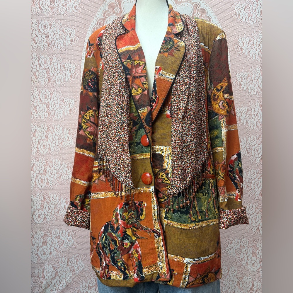 Boho Safari Elephant Print Jacket w Beaded Scarf